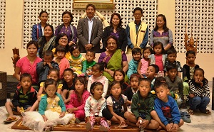 The First Lady of the State Smt Rita Rajkhowa with children from Anganwadi Centres with ICDS functionaries on the occasion of Universal Childrens Day at Raj Bhavan, Itanagar on 16th November 2015